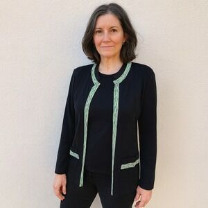 Misook Cardigan Womens XS Jacket Black‎ Knit Green Trim Career Office Preppy